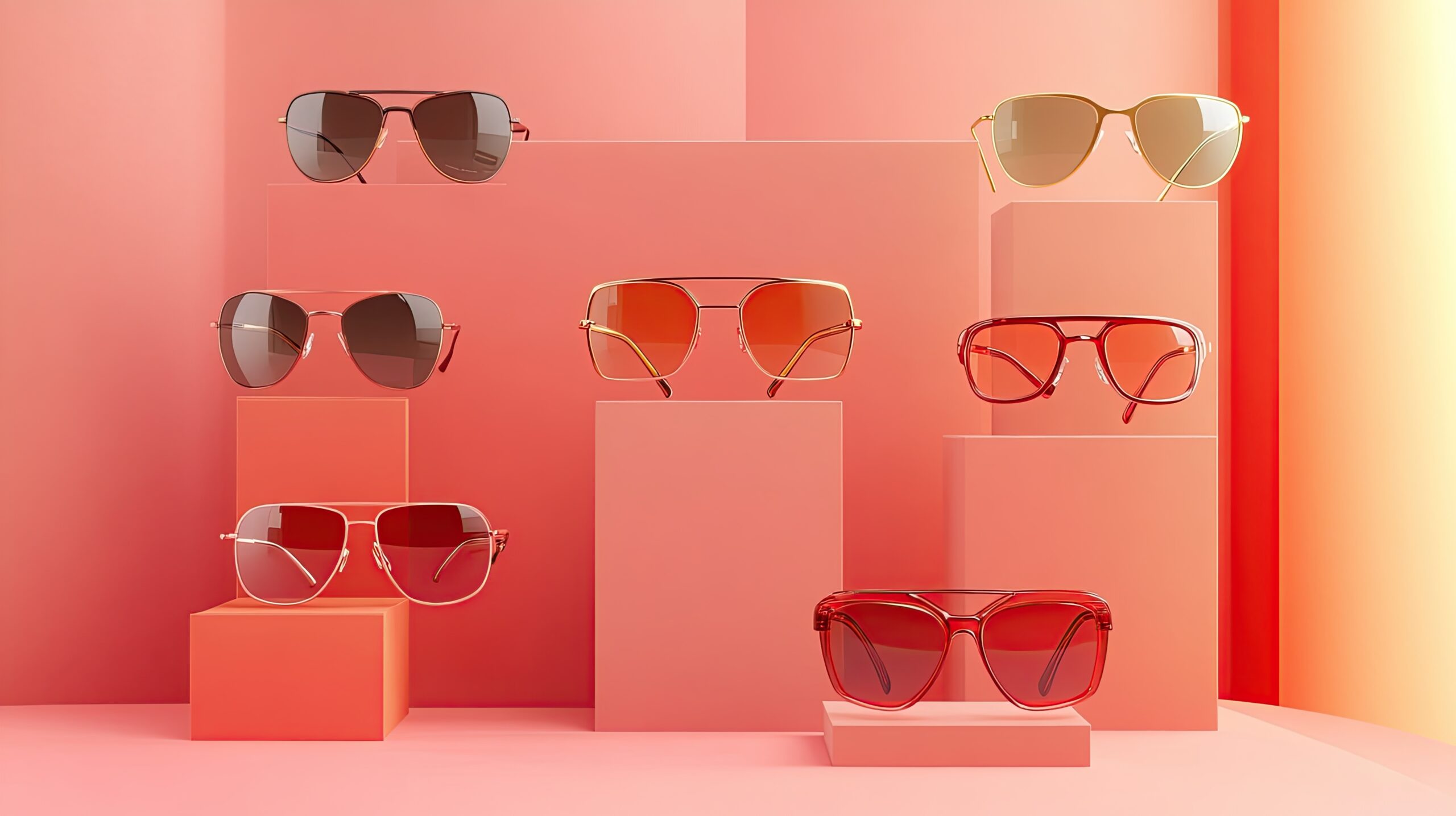 A minimalist display of sleek designer sunglasses with frames in various modern shapes and tints