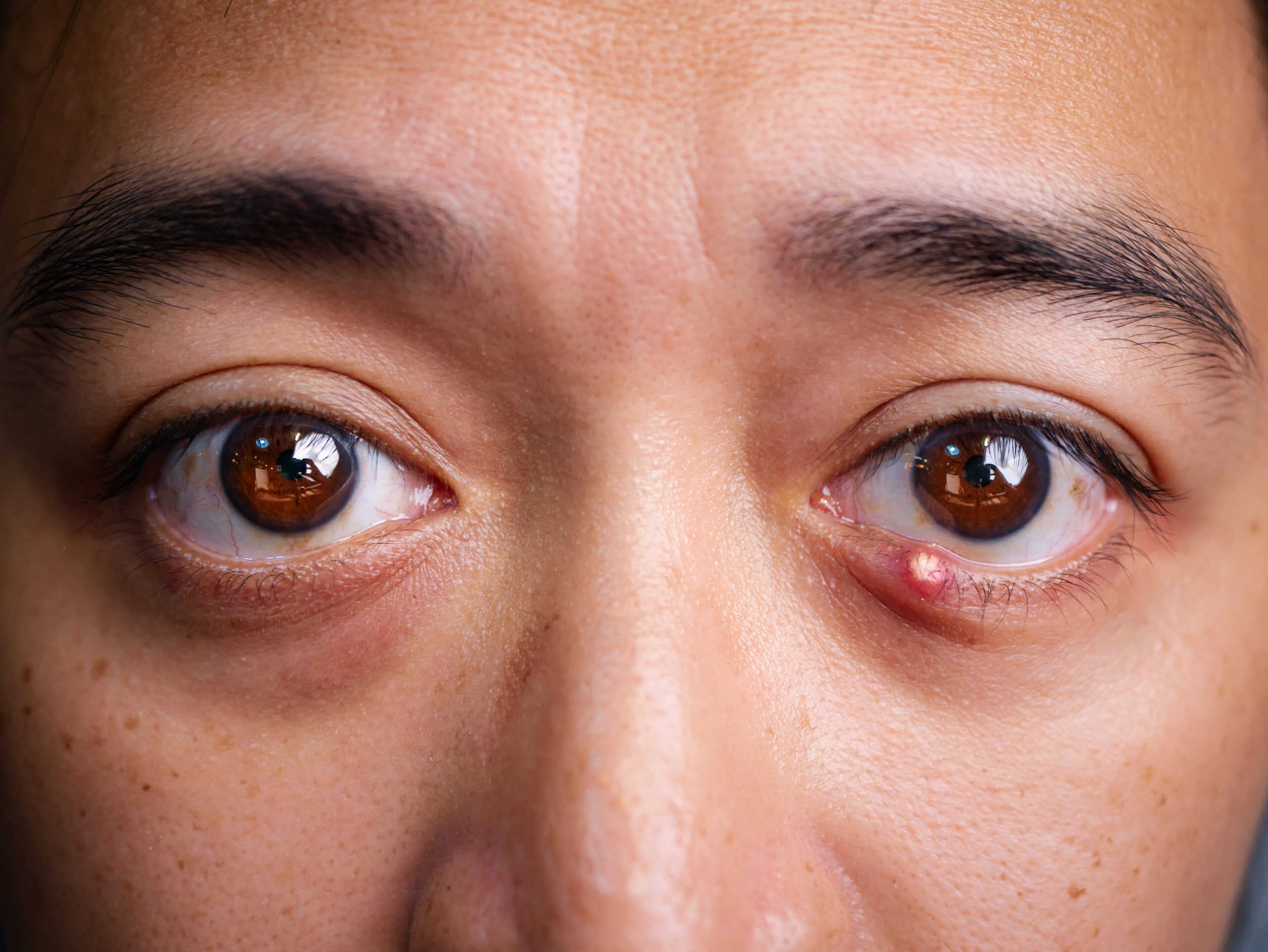 Close Up of Adult Man with one eye infection, Chalazion, Stye (hordeolum) on eyelid.