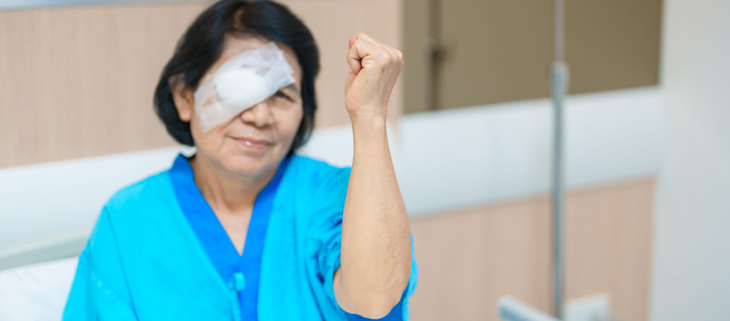 Elderly Woman with eye protective shield after eye surgery. Eye disease, Cataract, Glaucoma, Age Related Macular Degeneration, Diabetic Retinopathy, Vitreous, Lasik, World Glaucoma day and health