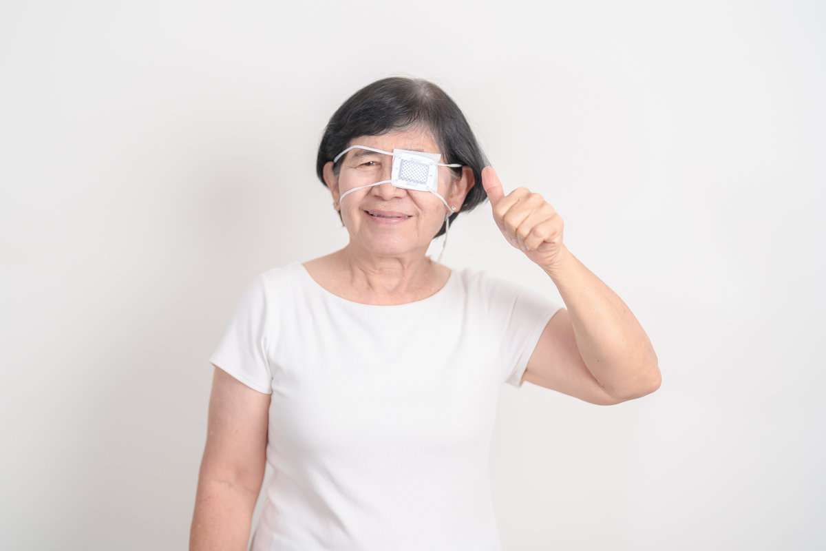 Elderly Woman with Eye protecting by Eye Pad for concepts of Eye disease, Cataract, Glaucoma, Age Related Macular Degeneration, Diabetic Retinopathy, Vitreous, Conjunctivitis, World Glaucoma day