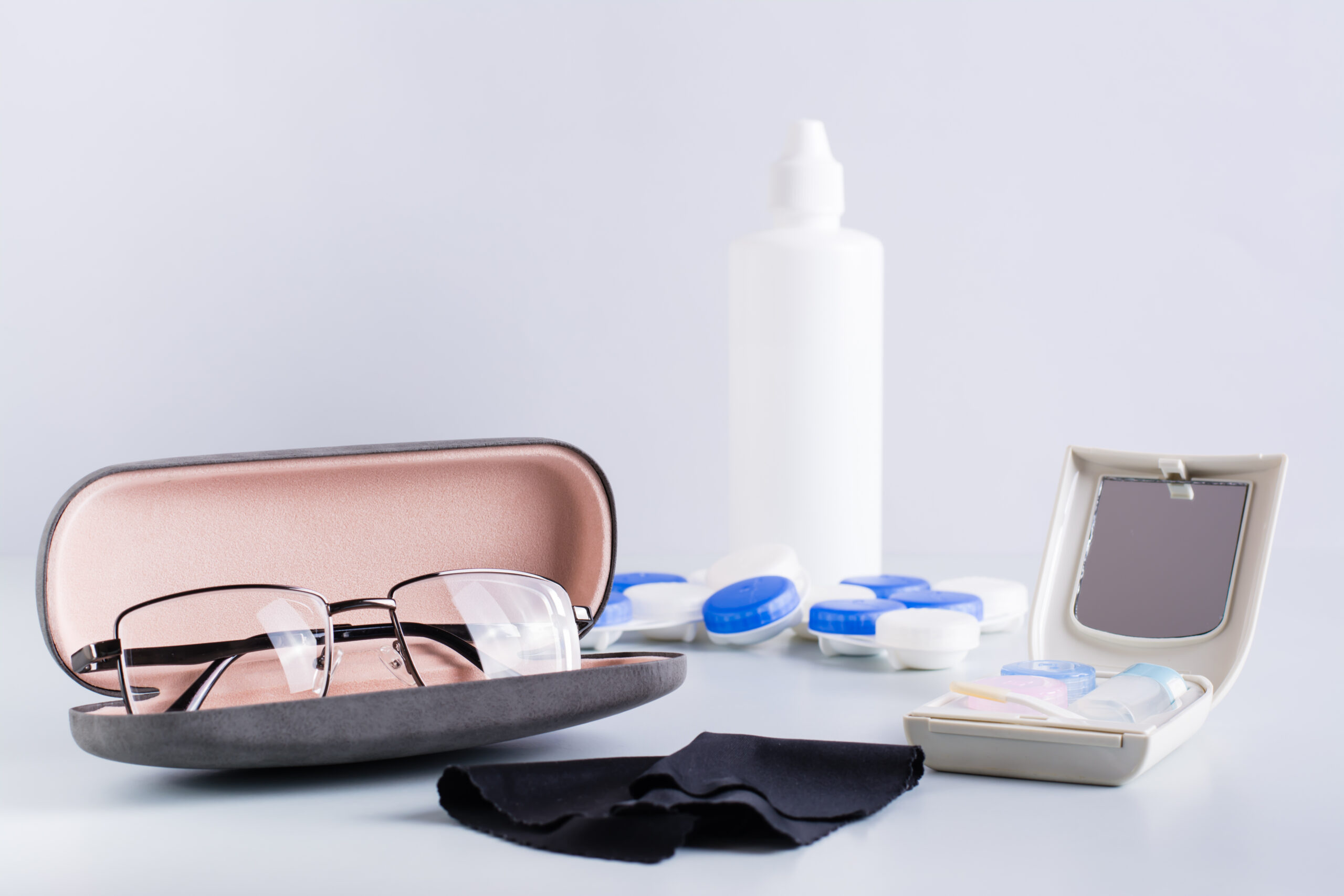 Choice between glasses and contact lenses. Items for care and storage