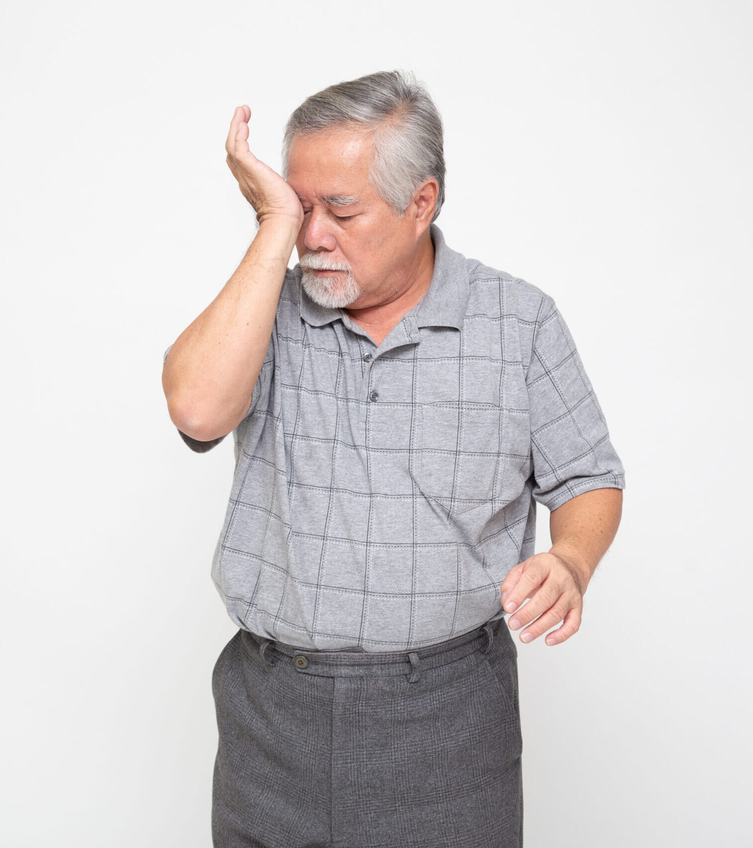 Asian senior man with eye pain isolated on white background, Diabetic Retinopathy, Pinguecula or Pterygium concept