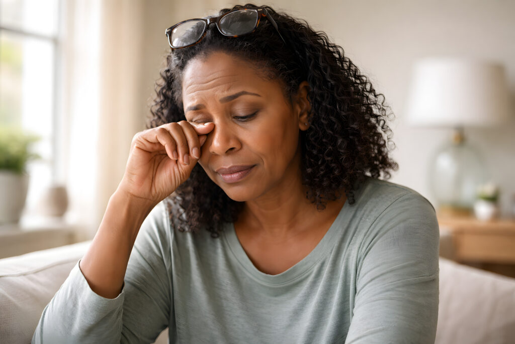 Stressed African American Middle Aged Woman Rubbing Eyes at Home – Fatigue, Burnout, Mental Health and Eye Strain Concept