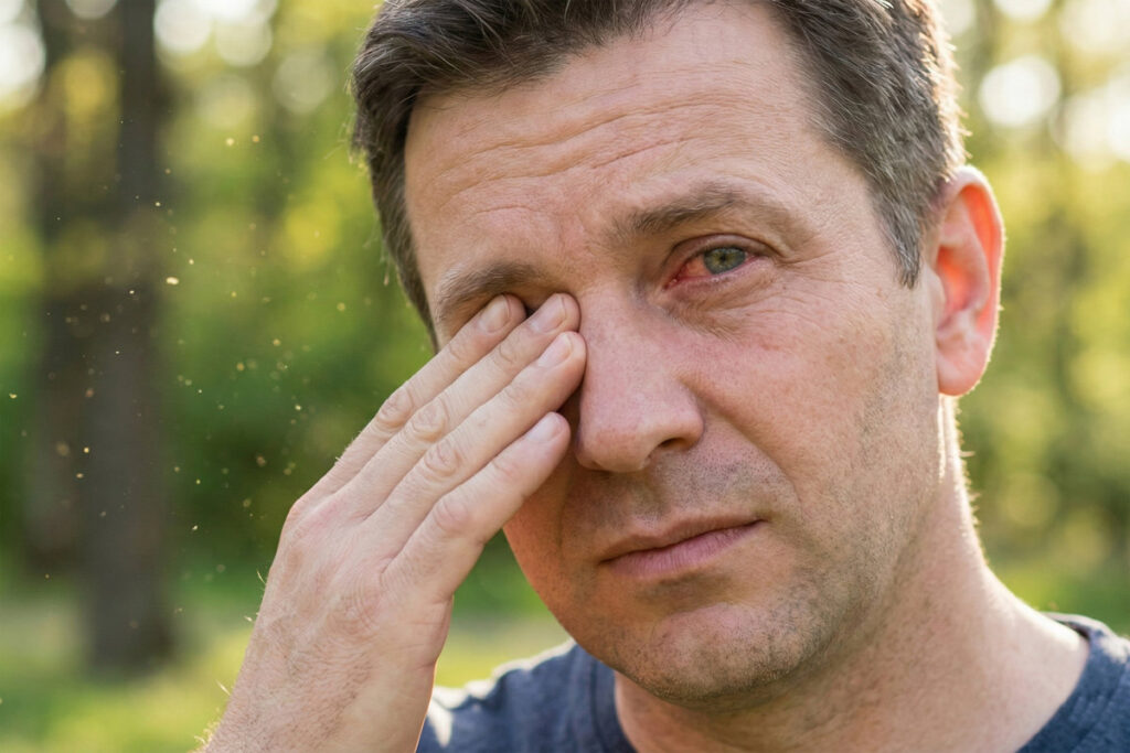Mature man rubbing irritated itchy eye outdoors in park with visible pollen particles in air. Seasonal allergy and conjunctivitis concept.